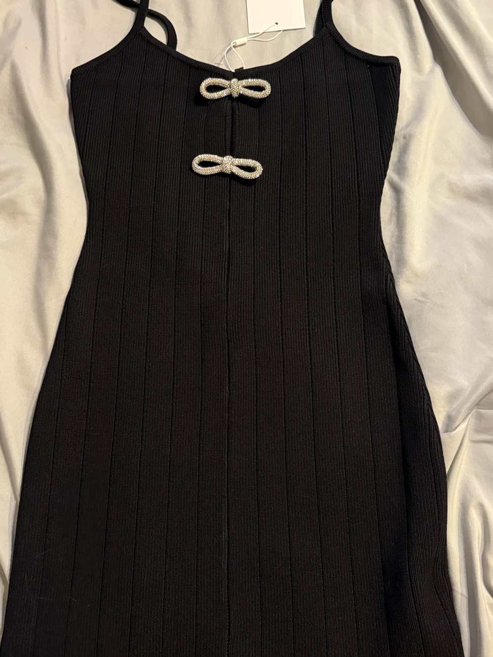 Endless Rose Black Ribbed Tank Dress with Pearl Bow Accents
